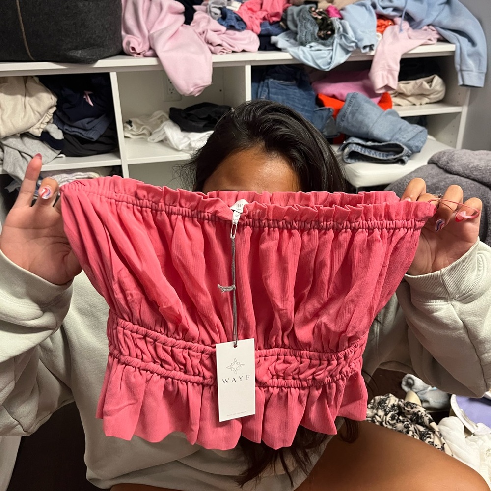 Wayf Pink Ruffle Strapless Top